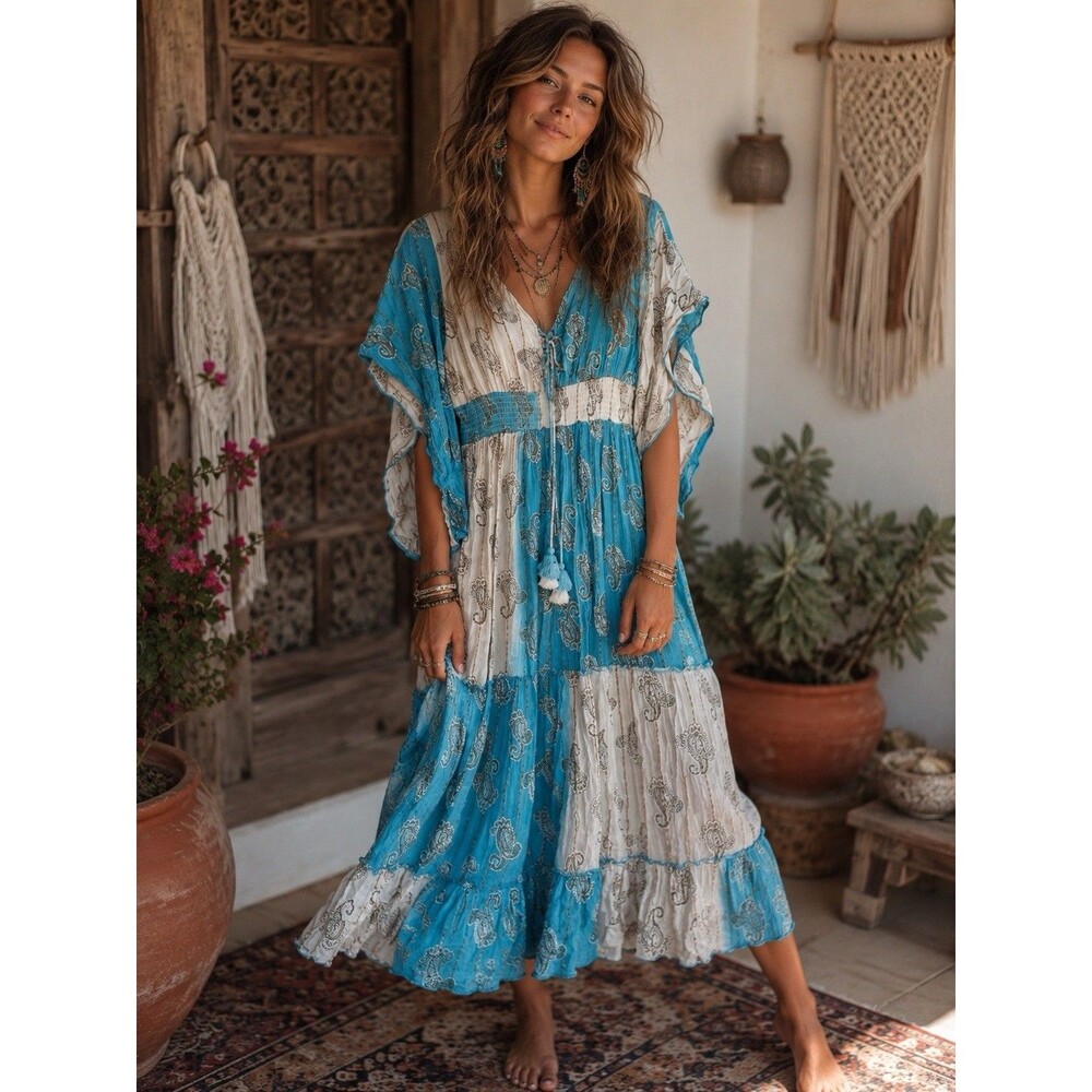 Me 2 Magic Anthropologie Maxi Blue Dress Lurex Gold Paisley Boho Tiered Medium